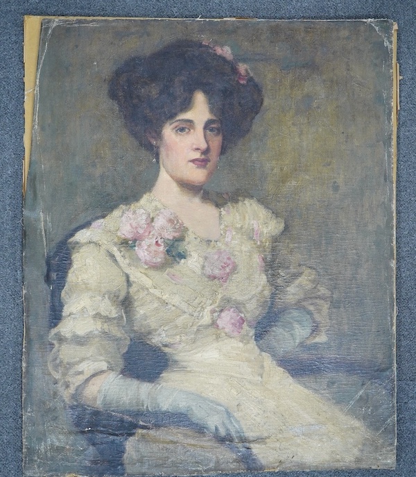 Early 20th century, English school, oil on unstretched canvas, Portrait of a lady, unsigned, 75 x 60cm. Condition - fair